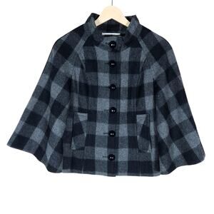 Helene Berman Womens Plaid Wool Cape Jacket XS Black Gray Checkered Vintage Chic